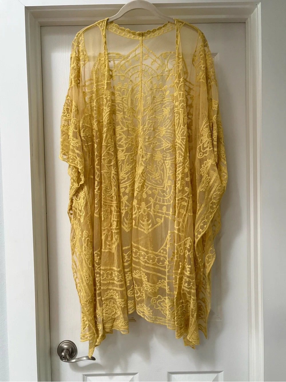 Mustard Yellow Sheer Embroidered Kimono Wrap